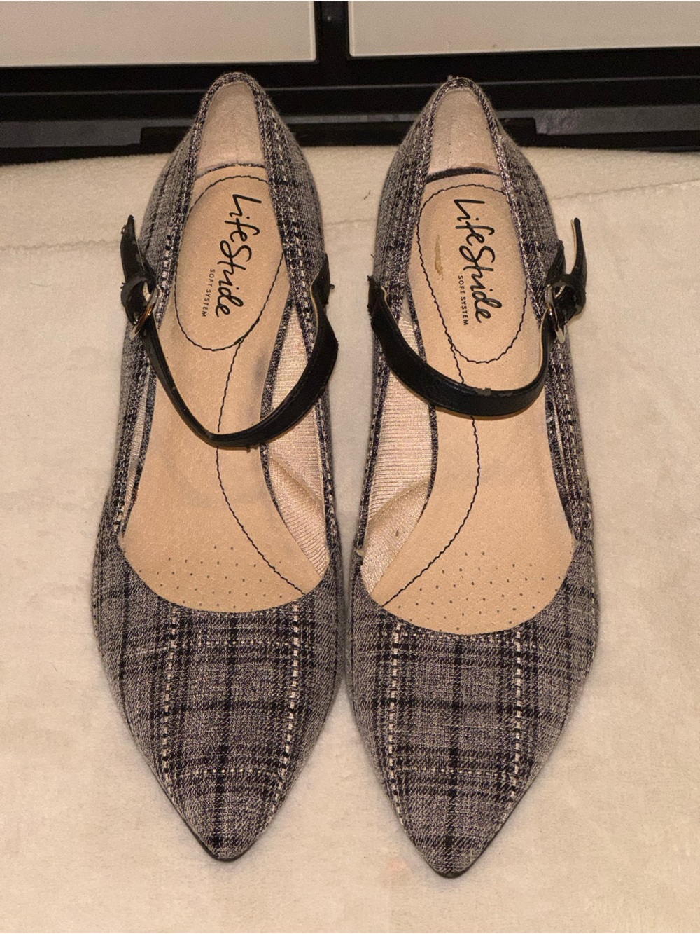 LifeStride Sandrine Mary Jane pumps, featuring a classic black plaid pattern